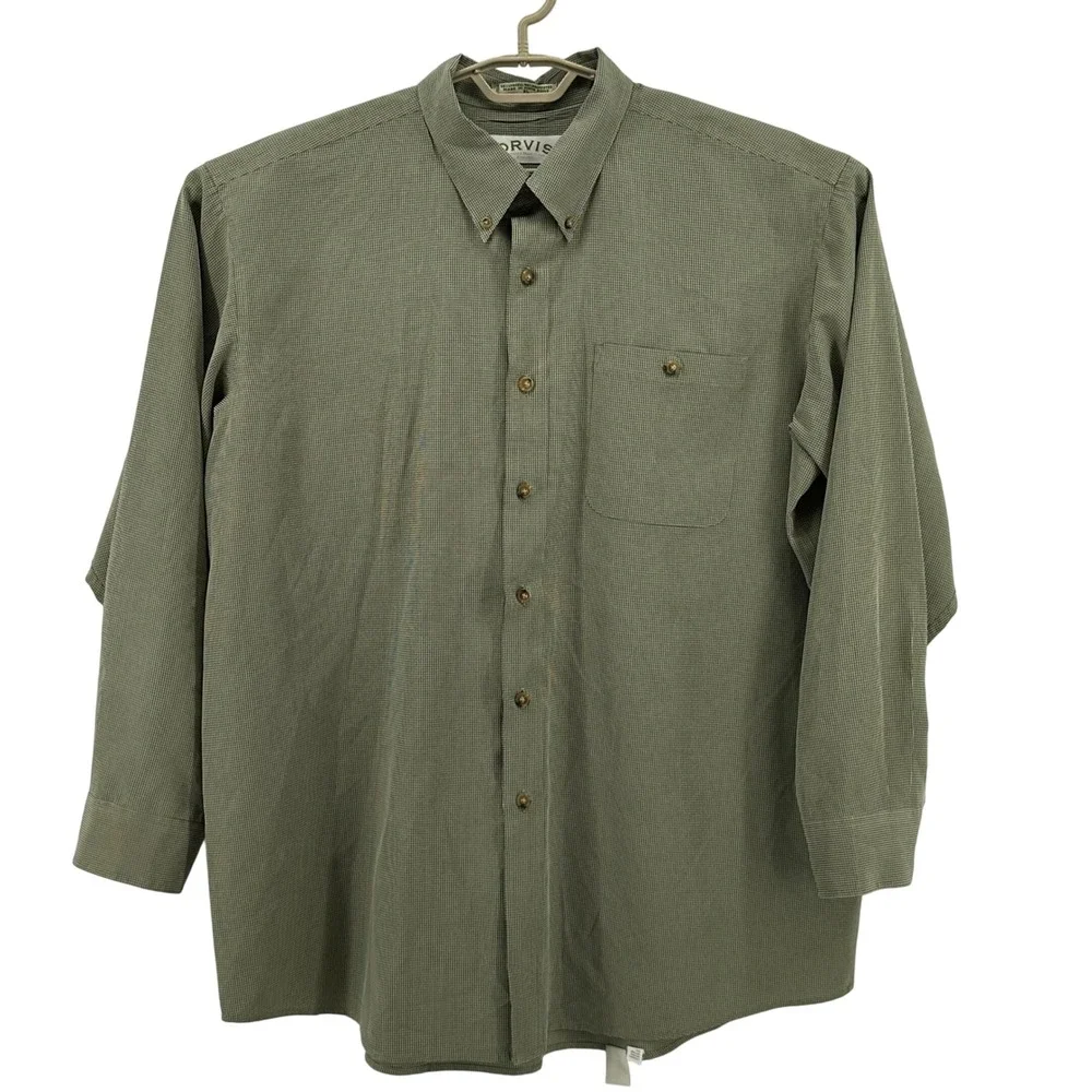 ORVIS Shirt Mens XL Button Down Long Sleeve Green Gingham‎ Poly/Lyocell Blend